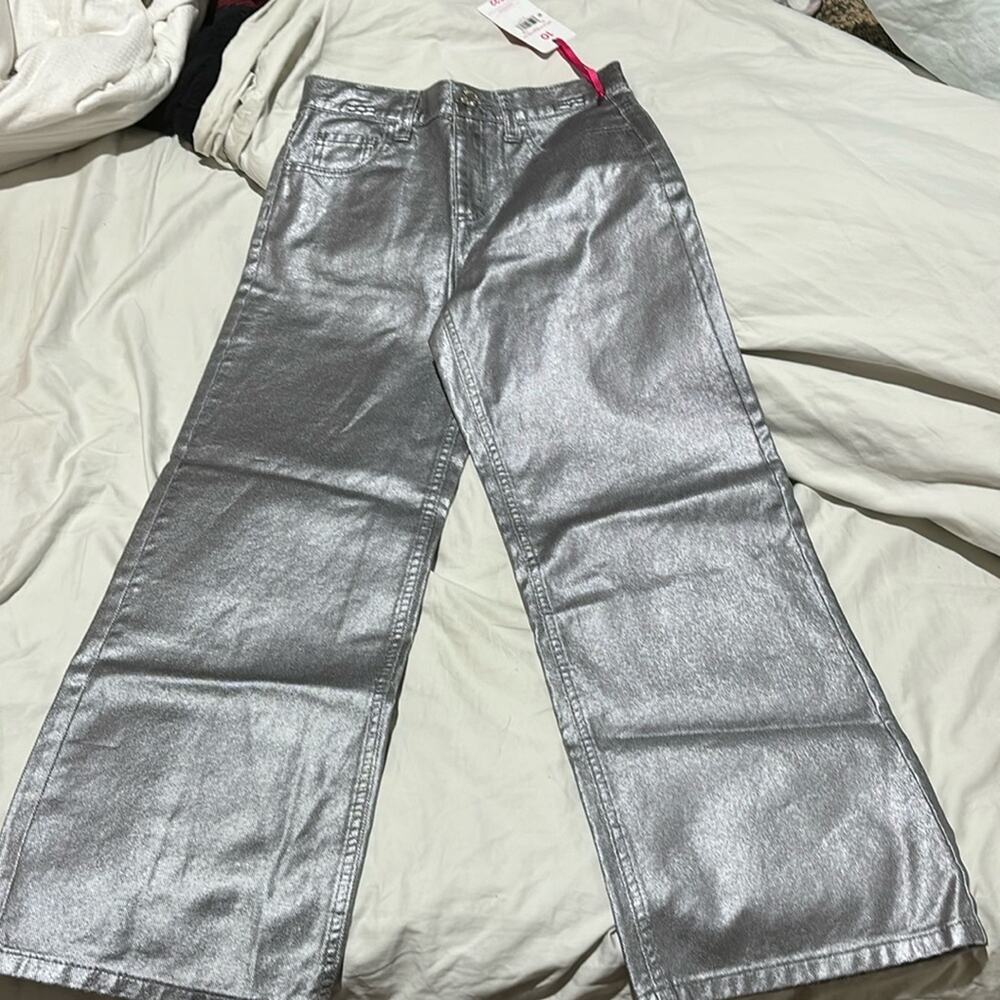 Justice 10 wide leg silver cotton jeans with outer metallic coating shimmer NWT